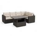 Salon de jardin d'angle 5 places avec table basse 250 x 190 cm en résine tressée PE gris brun avec coussins beige