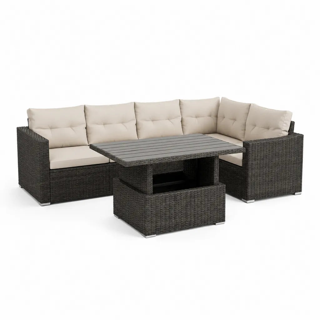 Salon de jardin d'angle 5 places avec table basse 250 x 190 cm en résine tressée PE gris brun avec coussins beige