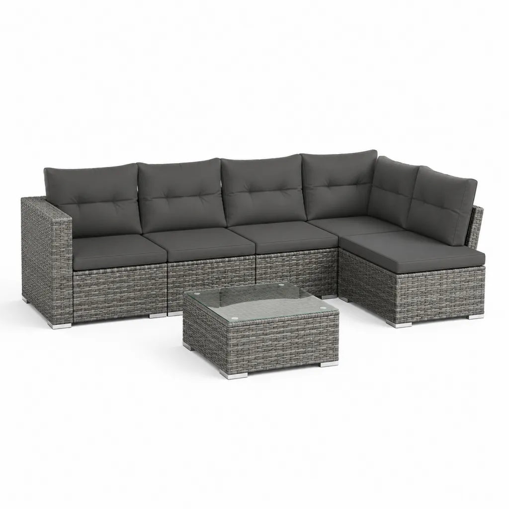 Salon de jardin d'angle 5 places avec table basse 250 x 190 cm en résine tressée grise et coussins polyester gris foncé