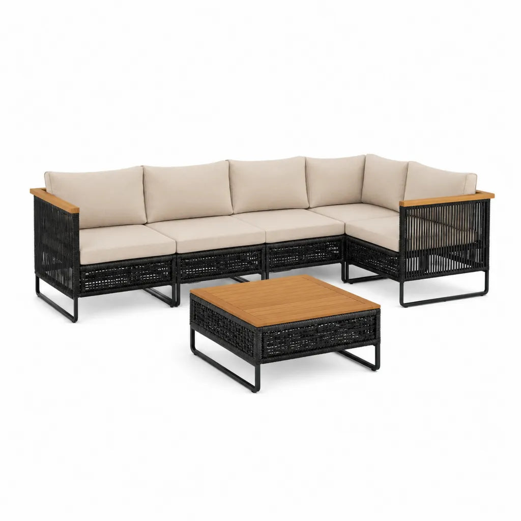 Salon de jardin d'angle 4 pièces en résine tressée PE acier et acacia noir beige 245 x 185 x 65 cm