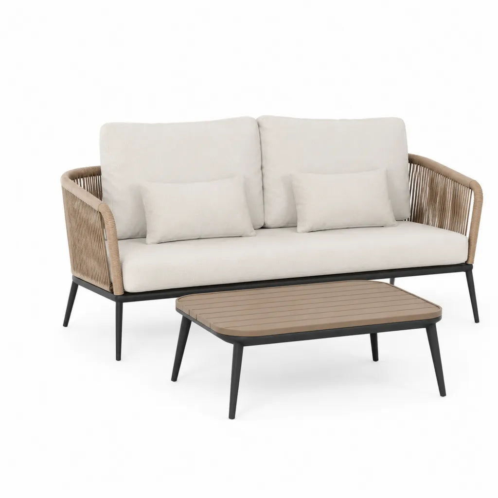 Salon de jardin 2 places avec table basse rectangulaire en aluminium et corde polypropylène beige 160 x 75 x 78 cm