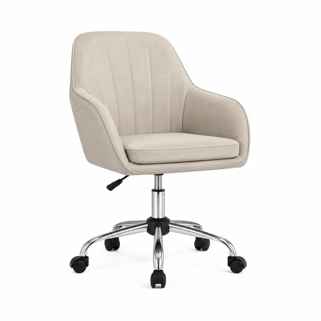 Chaise de bureau pivotante en velours polyester beige avec accoudoirs 62 x 62 x 84-94 cm
