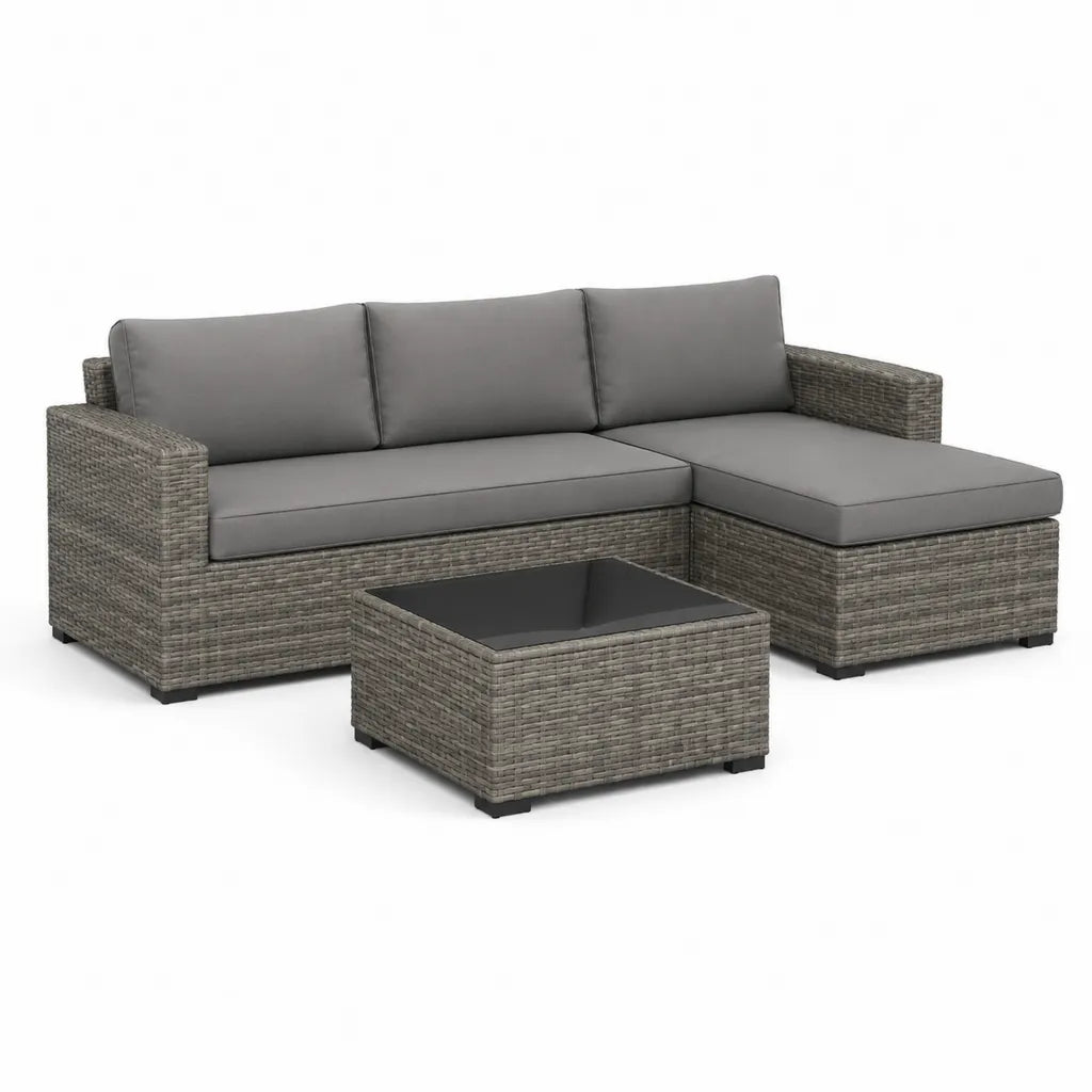Salon de jardin canapé d'angle 3 pièces en rotin PE gris avec coussins gris 193 x 69 x 62 cm