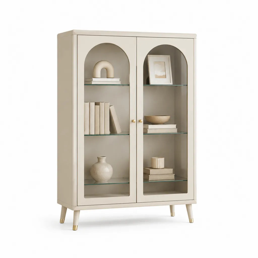Vitrine de salon 2 portes en MDF et verre trempé forme rectangulaire beige 80 x 40 x 150 cm