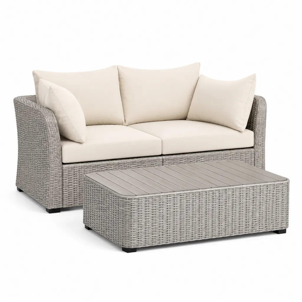 Salon de jardin 2 places avec table basse en résine tressée grise et coussins beige 150 x 85 x 85 cm