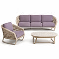 Salon de jardin 4 places avec canapé fauteuil et table basse en aluminium beige et coussins violet 220 x 85 x 76 cm