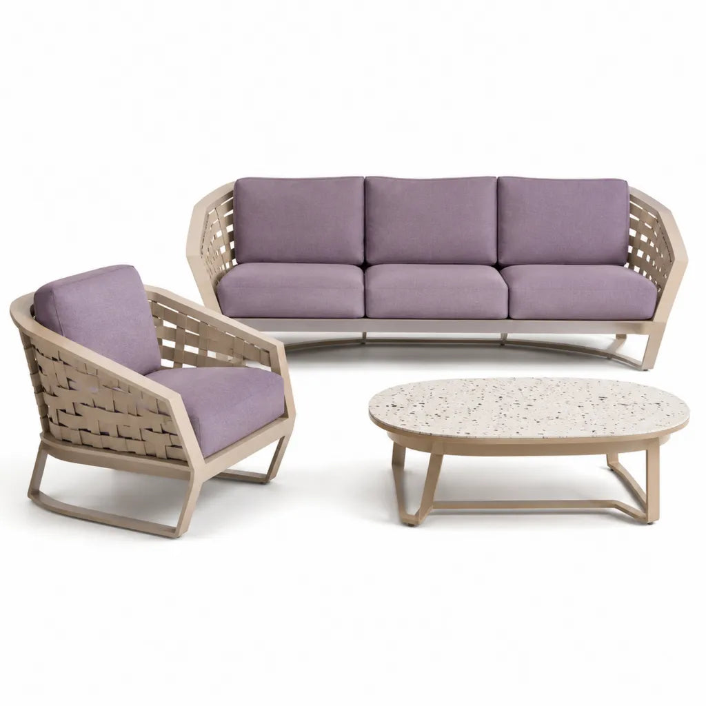 Salon de jardin 4 places avec canapé fauteuil et table basse en aluminium beige et coussins violet 220 x 85 x 76 cm