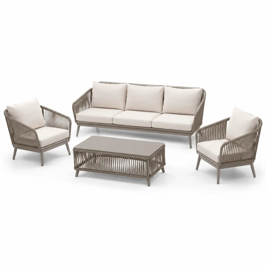 Salon de jardin 4 pièces avec canapé 3 places 2 fauteuils et table basse en aluminium corde polyester taupe et ivoire canapé 210 x 80 x 75 cm