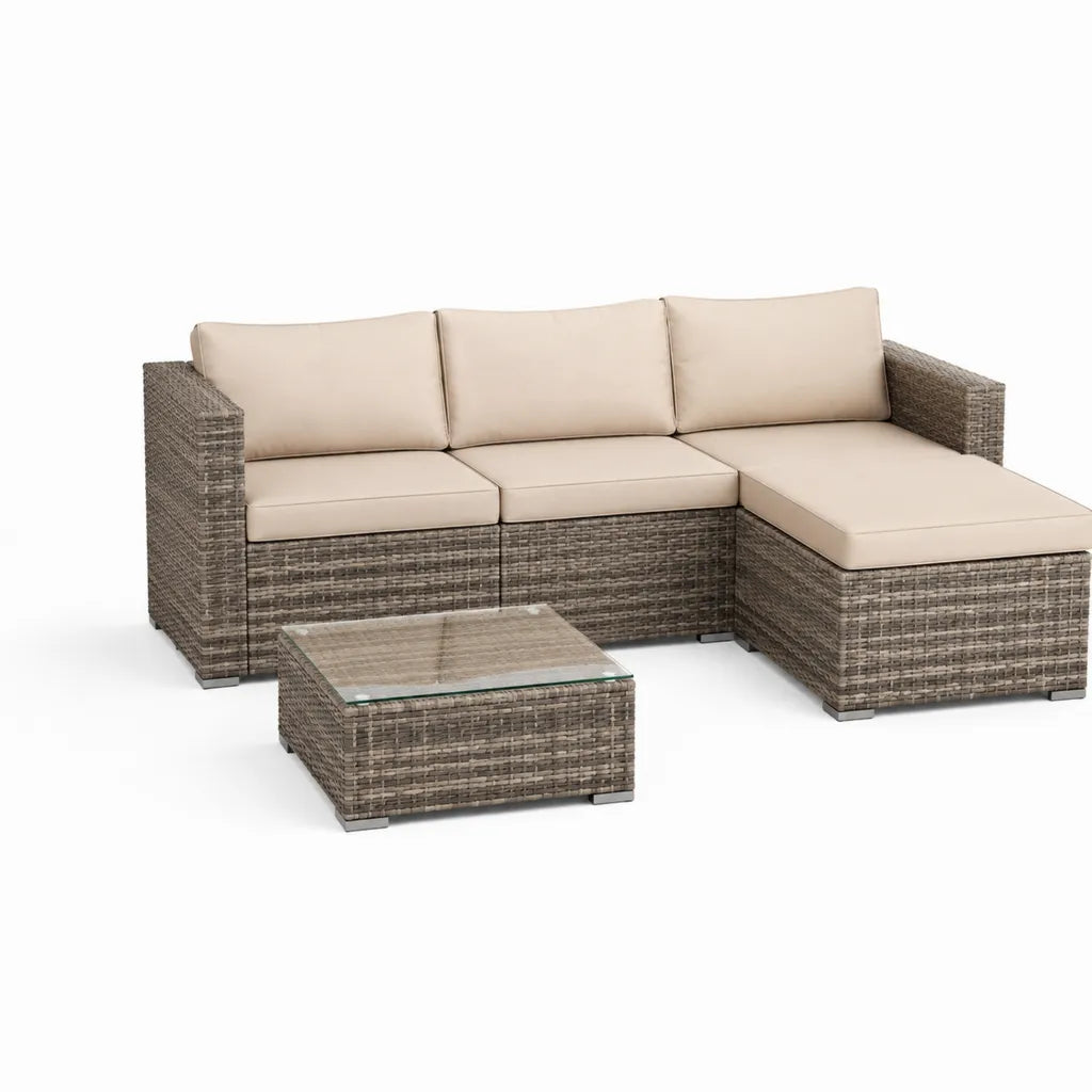 Salon de jardin d'angle 3 places avec table basse en résine tressée PE gris et coussins beige 220 x 140 cm