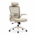 Chaise de bureau ergonomique à roulettes avec appui-tête dossier rectangulaire en maille polyester et PU beige blanc 64 x 64 x 116-126 cm