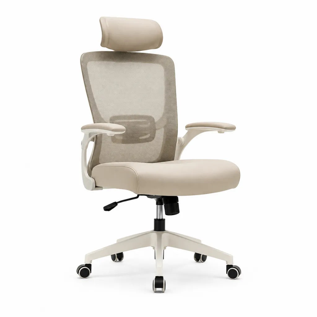 Chaise de bureau ergonomique à roulettes avec appui-tête dossier rectangulaire en maille polyester et PU beige blanc 64 x 64 x 116-126 cm
