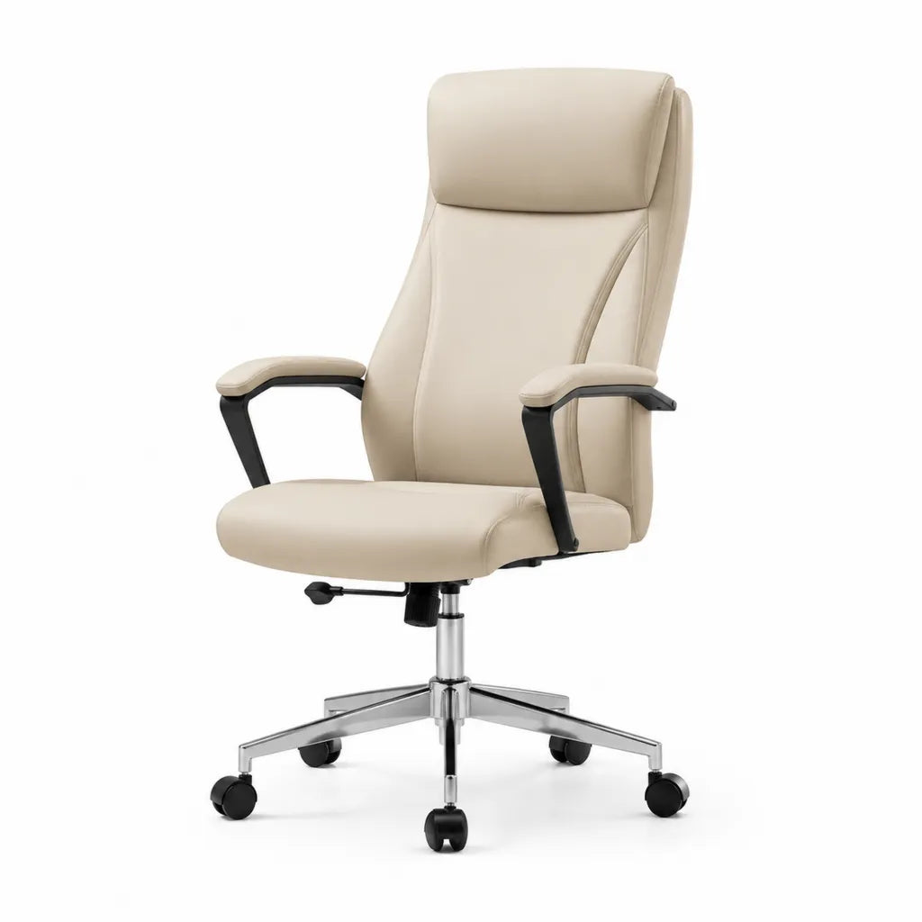 Chaise de bureau ergonomique pivotante à dossier haut en cuir PU beige 67 x 68 x 112-122 cm