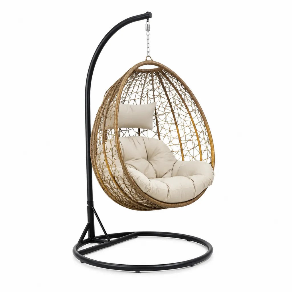 Fauteuil suspendu œuf avec support en acier et résine tressée beige 95 x 95 x 195 cm