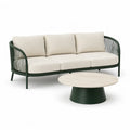 Salon de jardin 2 pièces canapé 3 places et table basse ronde en aluminium et corde PE vert foncé beige 220 x 80 x 75 cm