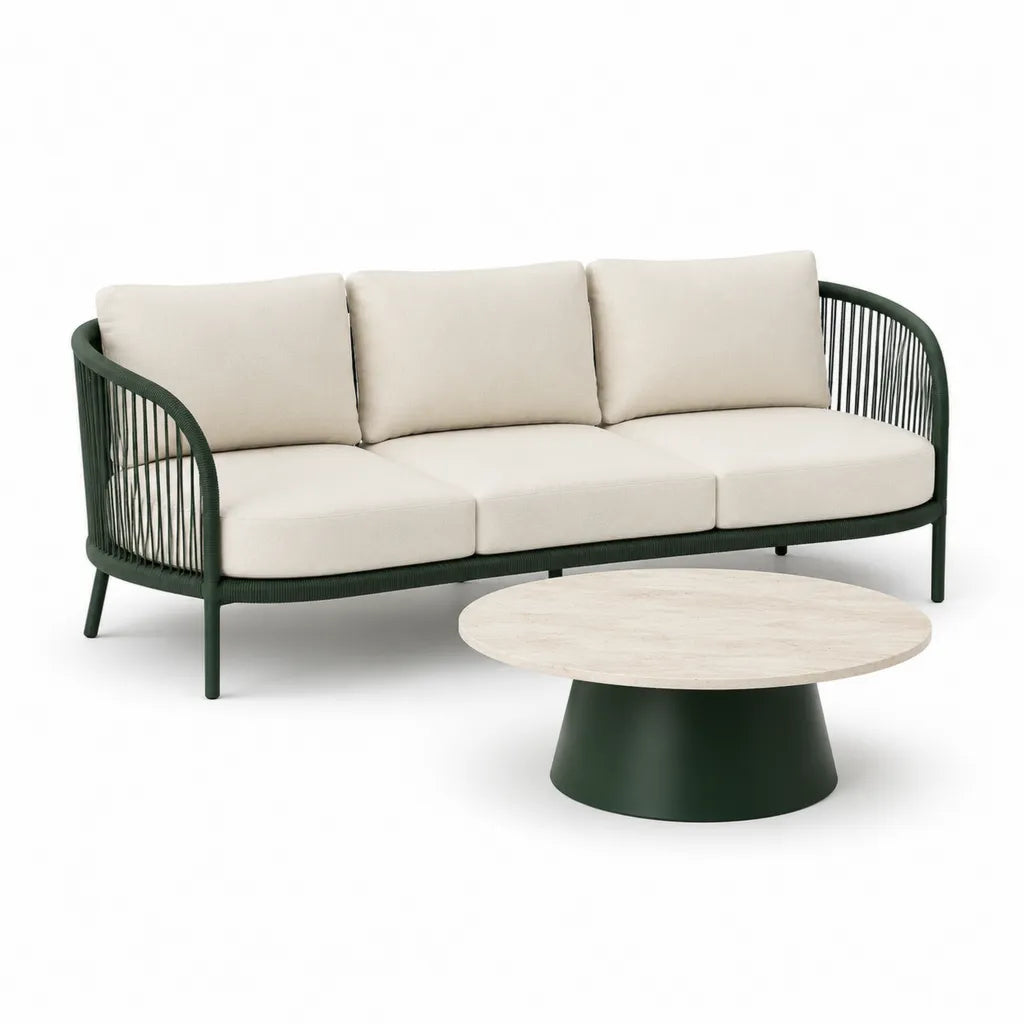 Salon de jardin 2 pièces canapé 3 places et table basse ronde en aluminium et corde PE vert foncé beige 220 x 80 x 75 cm