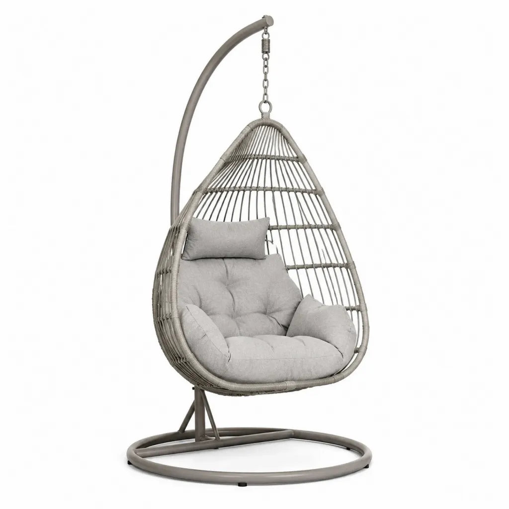 Fauteuil suspendu de jardin œuf avec support en acier et résine PE gris 105 x 105 x 195 cm