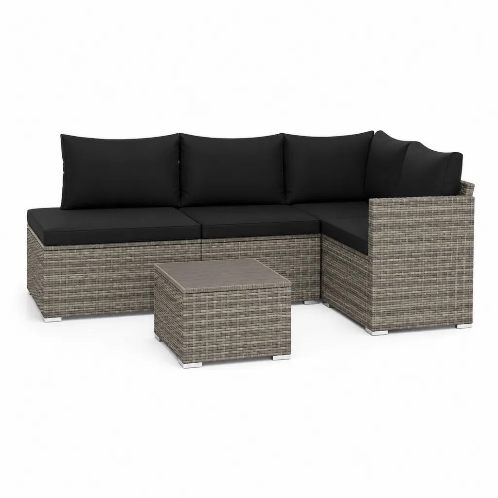 Salon de jardin d'angle 3 places avec table basse 195 x 140 cm en résine tressée PE gris avec coussins polyester noirs